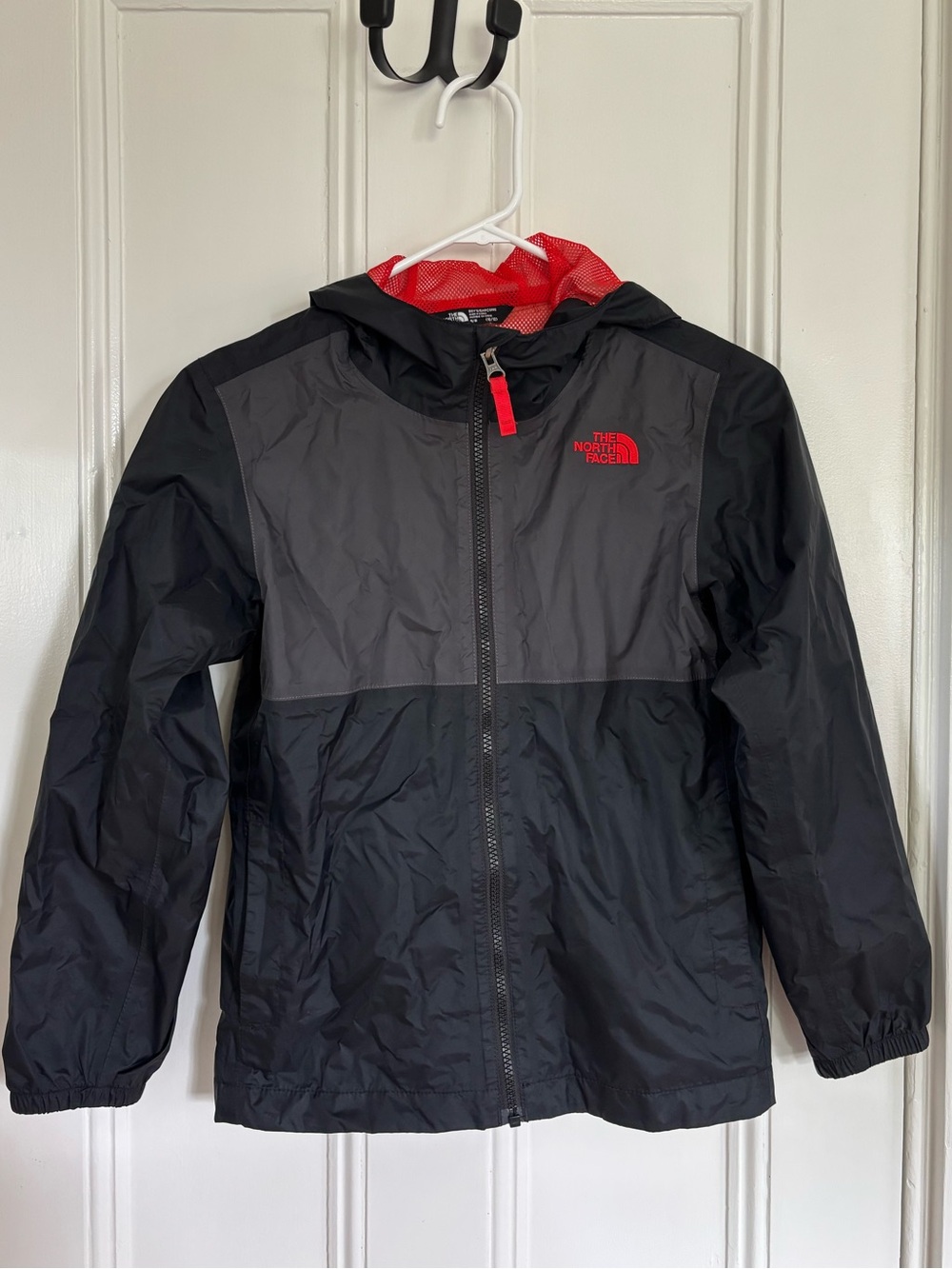 The North Face Kids Black & Gray Hooded Raincoat with Red Trim